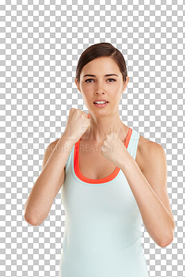 Buy stock photo Fitness, athlete or portrait of girl fighter in exercise or sports workout with warrior mindset or wellness. Fist punch, boxer or healthy woman ready for boxing isolated on transparent png background