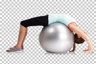 Buy stock photo Exercise ball, woman or stretching back for fitness performance, yoga training or pilates workout. Spine wellness stretch, healthy body or person start warm up isolated on transparent, png background