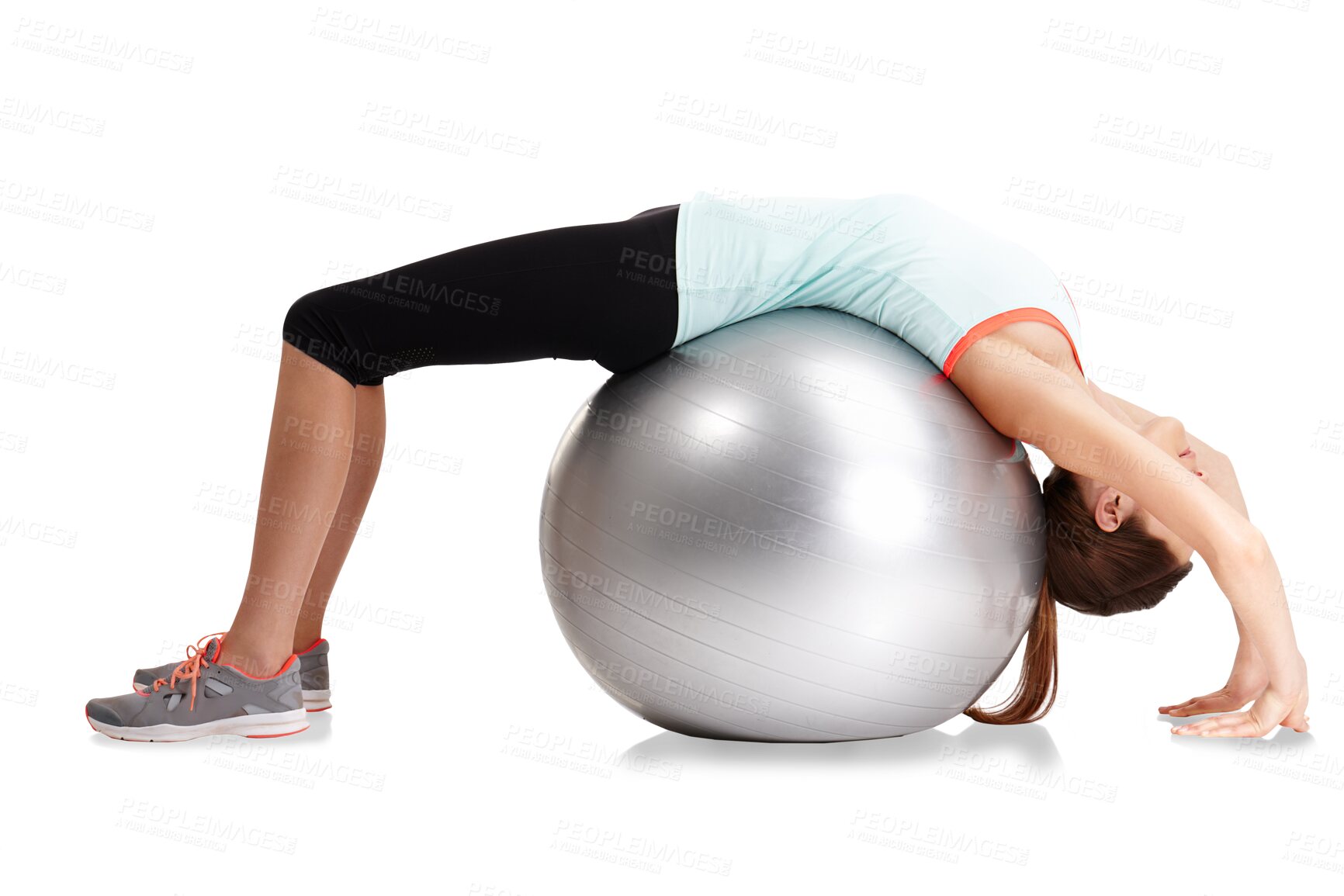 Buy stock photo Exercise ball, woman or stretching back for fitness performance, yoga training or pilates workout. Spine wellness stretch, healthy body or person start warm up isolated on transparent, png background