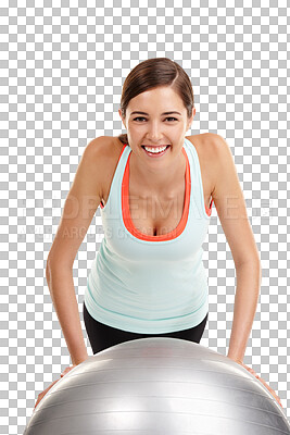 Buy stock photo Exercise ball, portrait and happy woman doing yoga training, fitness performance or pilates workout for healthy body. Wellness commitment, aerobics and person isolated on transparent, png background