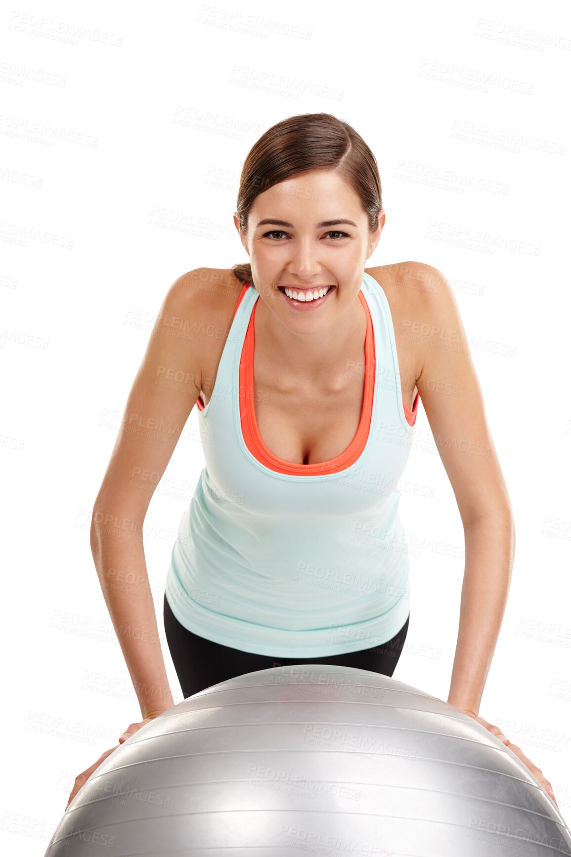 Buy stock photo Exercise ball, portrait and happy woman doing yoga training, fitness performance or pilates workout for healthy body. Wellness commitment, aerobics and person isolated on transparent, png background