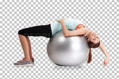 Buy stock photo Woman stretching back on ball for exercise in portrait, smile and fitness isolated on transparent png background. Girl, yoga and workout for health, wellness or happy with motivation for strong body