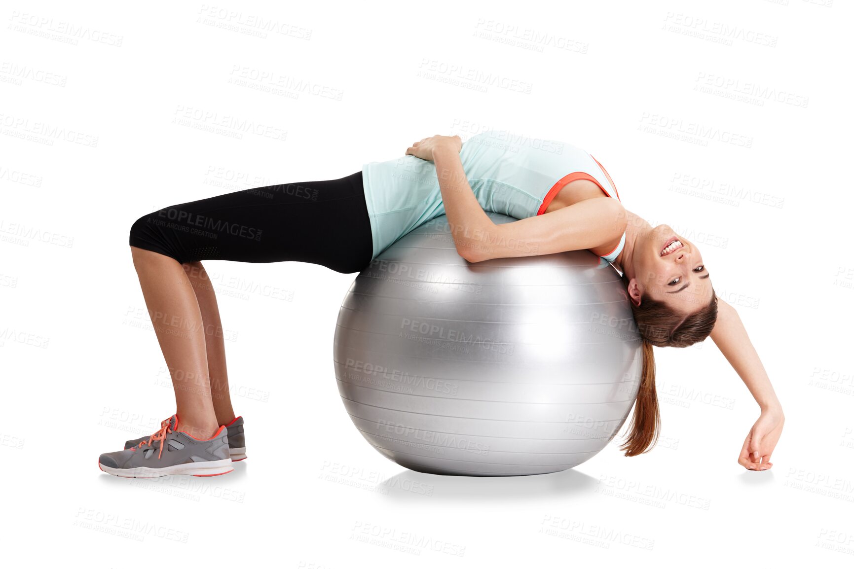 Buy stock photo Woman stretching back on ball for exercise in portrait, smile and fitness isolated on transparent png background. Girl, yoga and workout for health, wellness or happy with motivation for strong body