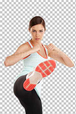 Buy stock photo Isolated woman fighter, kick and portrait for self defense training, fitness and transparent png background. Girl, mma and fight for exercise, wellness and focus for martial arts, contest or conflict