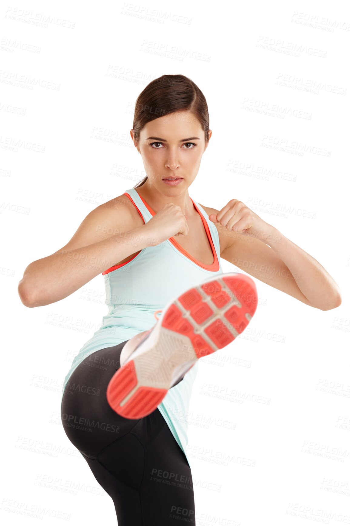 Buy stock photo Isolated woman fighter, kick and portrait for self defense training, fitness and transparent png background. Girl, mma and fight for exercise, wellness and focus for martial arts, contest or conflict