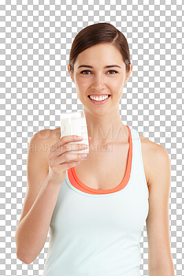 Buy stock photo Isolated woman, glass and milk in portrait with smile, wellness or health by transparent png background. Girl, model and healthy drink for nutrition, diet or happy for calcium, vitamins and self care