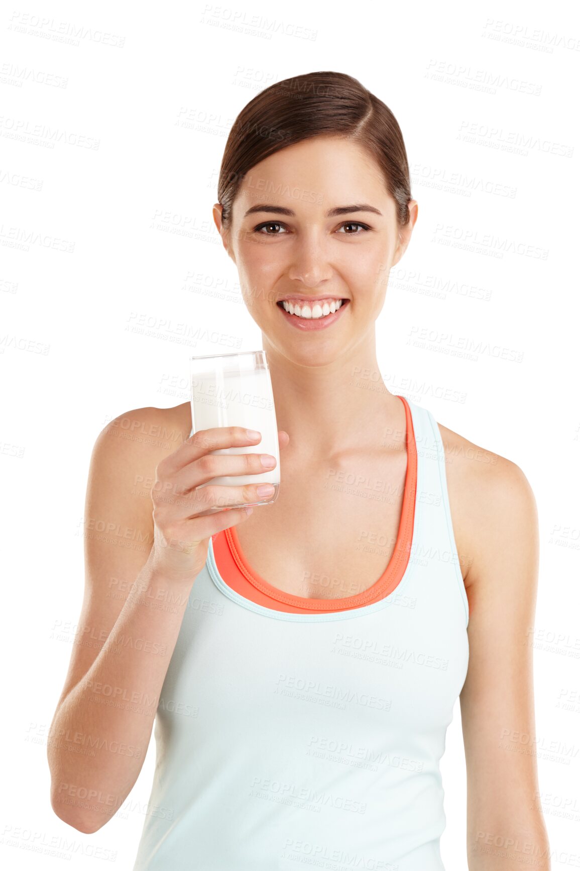 Buy stock photo Isolated woman, glass and milk in portrait with smile, wellness or health by transparent png background. Girl, model and healthy drink for nutrition, diet or happy for calcium, vitamins and self care