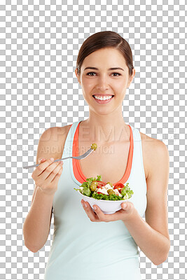 Buy stock photo Health, food and portrait of woman with salad on isolated, transparent and png background. Healthy eating, lose weight and lady nutritionist with vegetarian meal for balance, detox or superfood diet