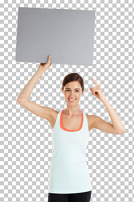 Buy stock photo Billboard, portrait and woman pointing to mockup for exercise on isolated, transparent and png background. Poster, banner and female person with news of gym, launch and membership discount promotion