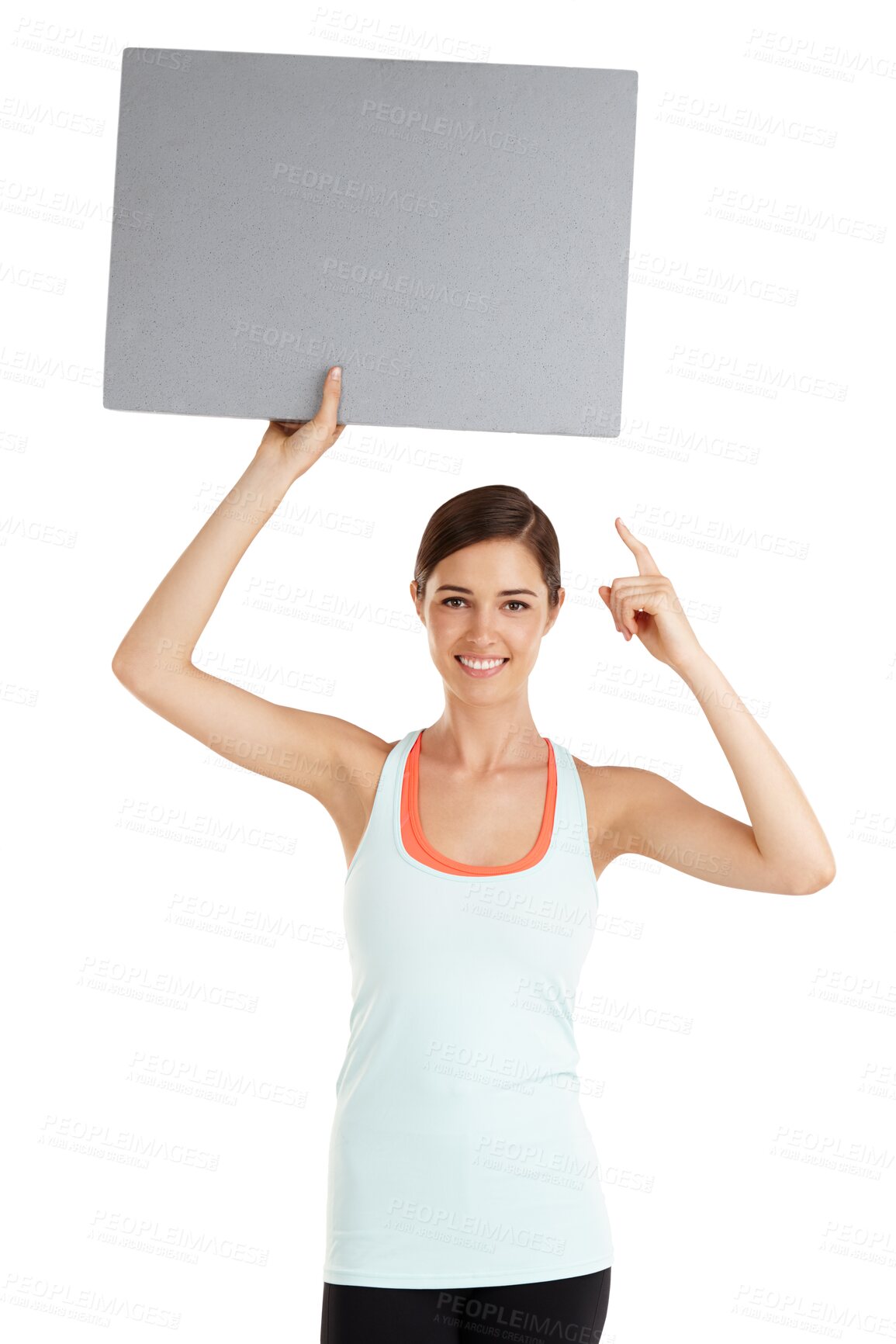 Buy stock photo Billboard, portrait and woman pointing to mockup for exercise on isolated, transparent and png background. Poster, banner and female person with news of gym, launch and membership discount promotion