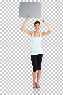 Buy stock photo Hand holding, woman portrait and pointing to banner for gym, discount and advertising on isolated, transparent and png background. Paper, billboard and female personal trainer with space for news