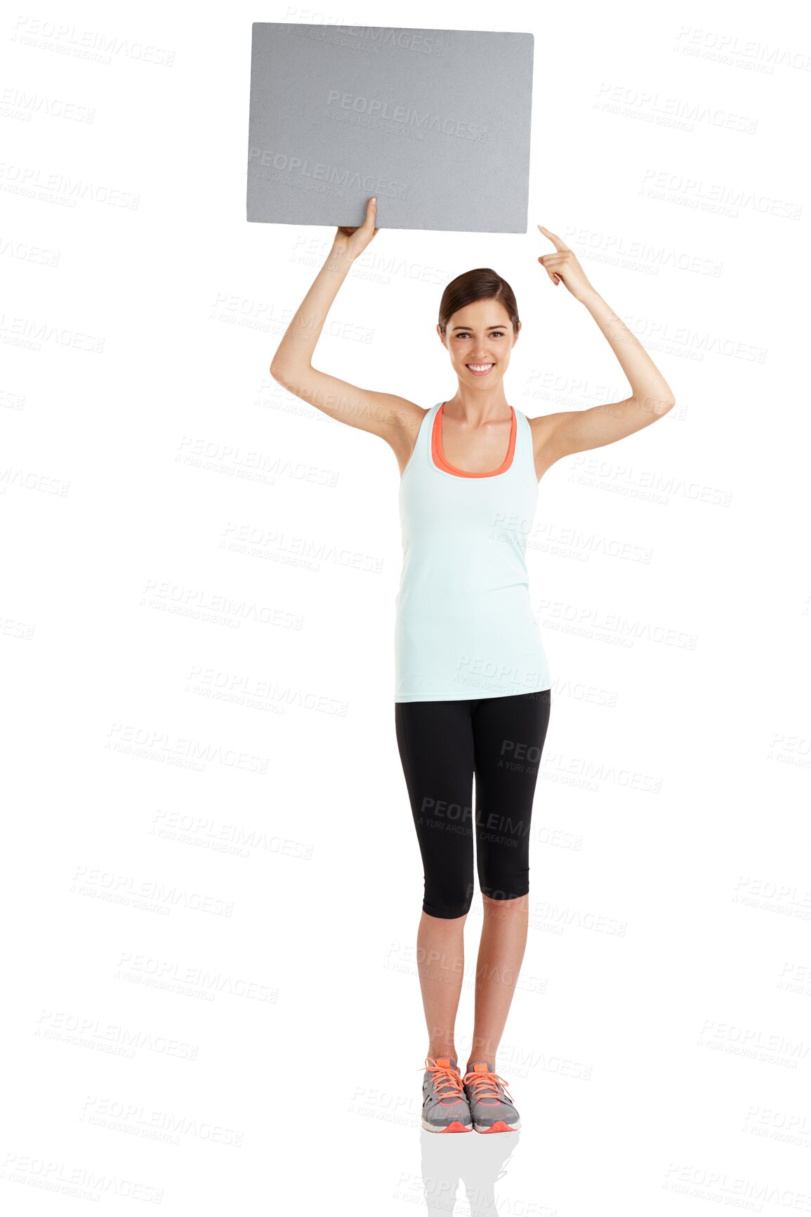 Buy stock photo Hand holding, woman portrait and pointing to banner for gym, discount and advertising on isolated, transparent and png background. Paper, billboard and female personal trainer with space for news