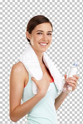 Buy stock photo Health, portrait and woman with water, bottle and smile on isolated, transparent and png background. Exercise, fitness and happy face of female personal trainer with drink for workout hydration