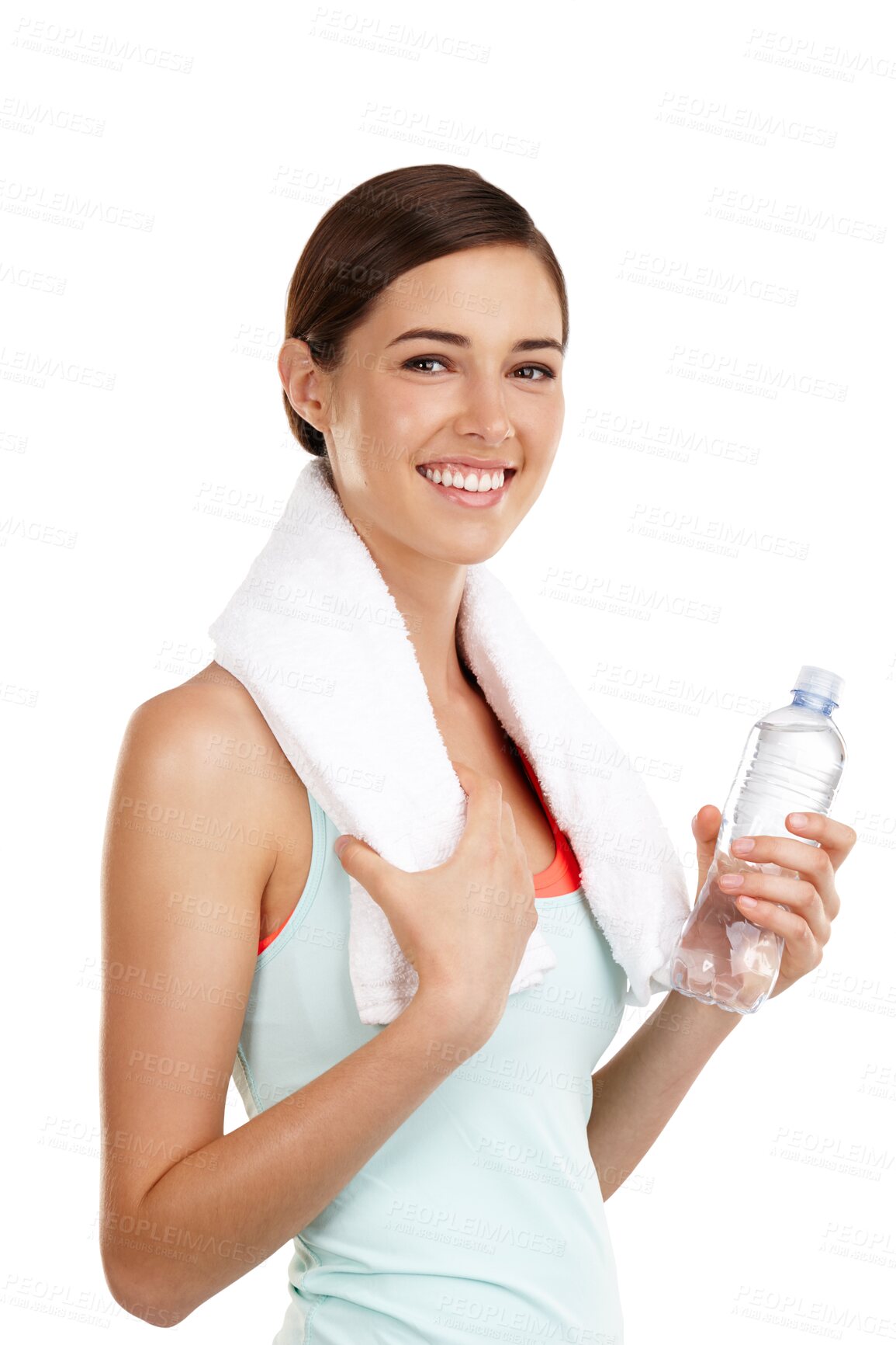 Buy stock photo Health, portrait and woman with water, bottle and smile on isolated, transparent and png background. Exercise, fitness and happy face of female personal trainer with drink for workout hydration