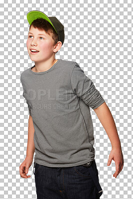 Buy stock photo Youth, teenager and young boy looking at gen z fashion apparel, stylish clothes or cool teen outfit. View, wow and trendy kid, child or adolescent person isolated on a transparent, png background