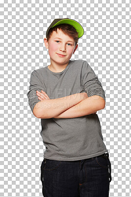 Buy stock photo Streetwear, fashion and portrait of boy teenager with arms crossed on isolated transparent and png background. Face, cool and male teenage person with edgy, clothes or outfit, pose or youth aesthetic