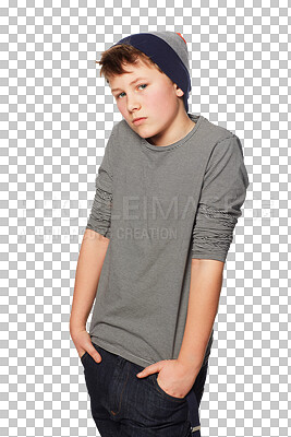 Buy stock photo Portrait, fashion and teenage boy posing in a beanie on isolated transparent and png background. Face, cool and male teenager person with streetwear, clothes and outfit, pose and youth aesthetic 