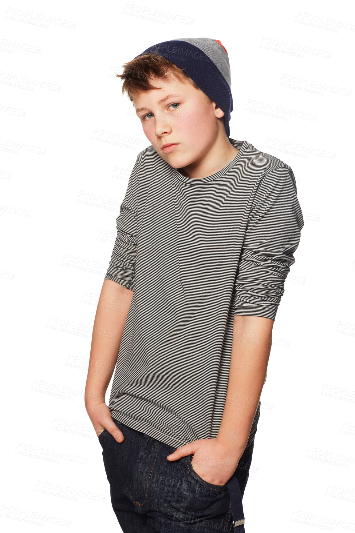 Buy stock photo Portrait, fashion and teenage boy posing in a beanie on isolated transparent and png background. Face, cool and male teenager person with streetwear, clothes and outfit, pose and youth aesthetic 