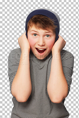 Buy stock photo Surprise, face portrait and young boy excited for kid fashion news, youth sale announcement or retail notification. Wow, OMG and shocked male teenager or child isolated on transparent, png background