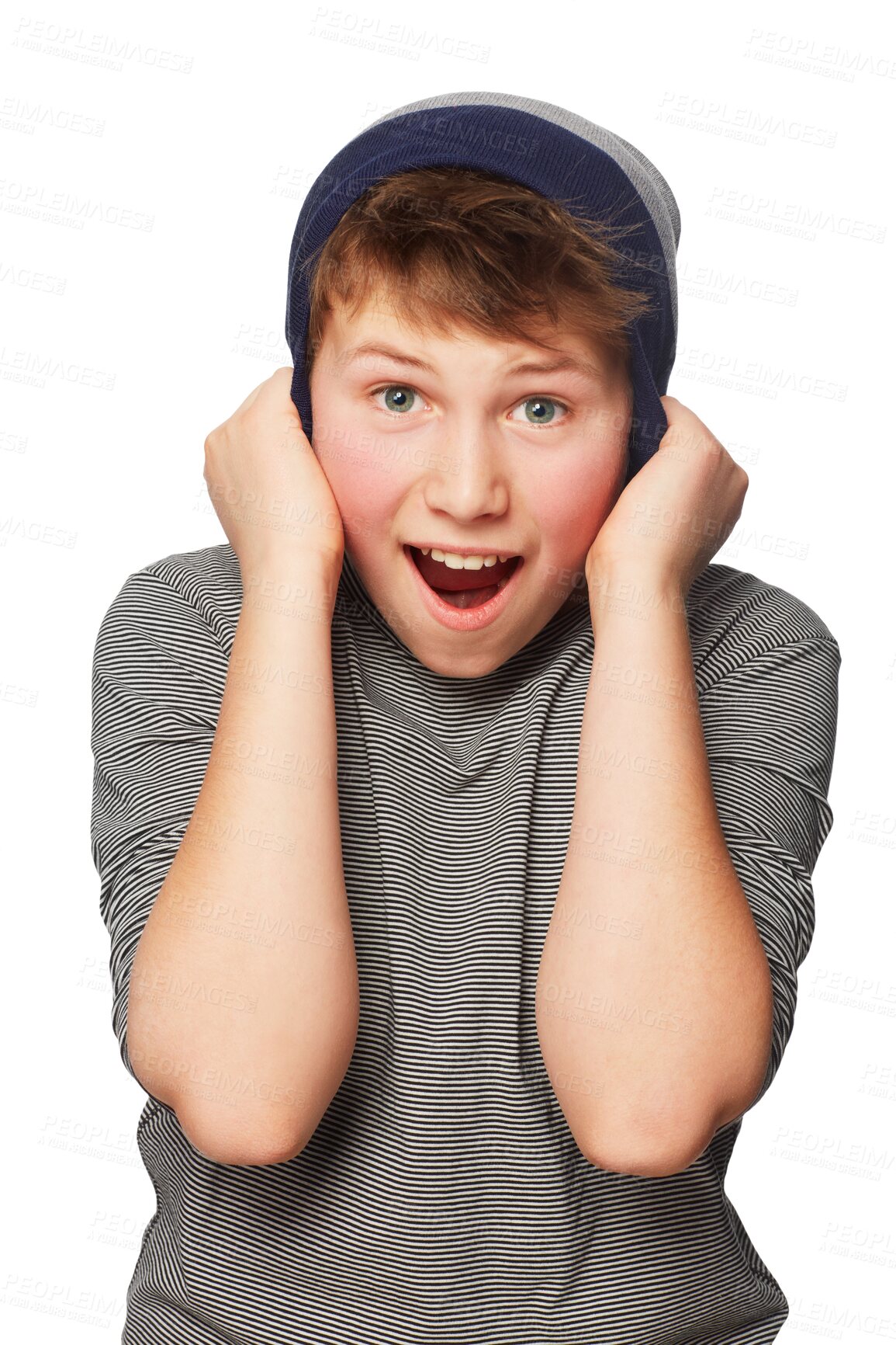 Buy stock photo Surprise, face portrait and young boy excited for kid fashion news, youth sale announcement or retail notification. Wow, OMG and shocked male teenager or child isolated on transparent, png background