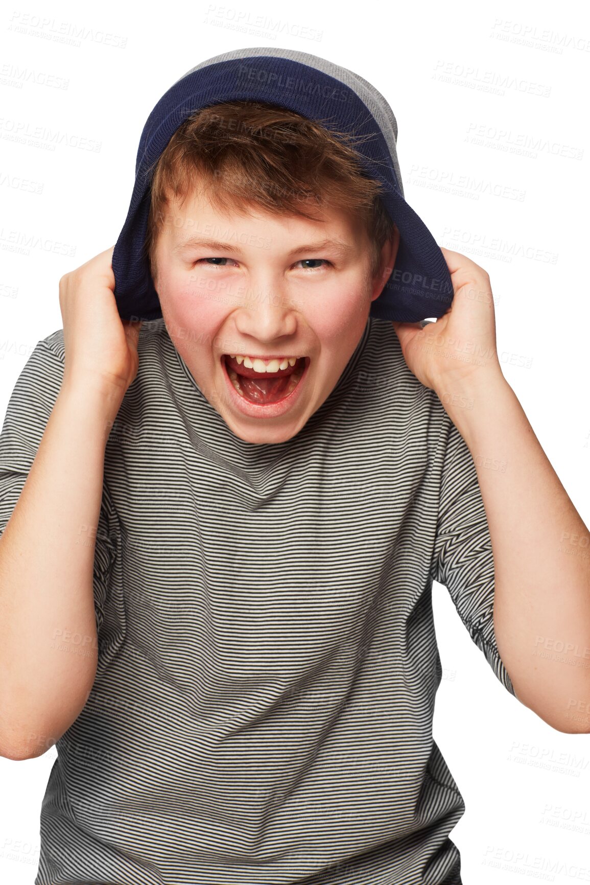Buy stock photo Surprise, scream and portrait of excited boy happy for kid fashion news, gen z sale announcement or winner notification. Energy, cheers and shocked young child isolated on transparent, png background