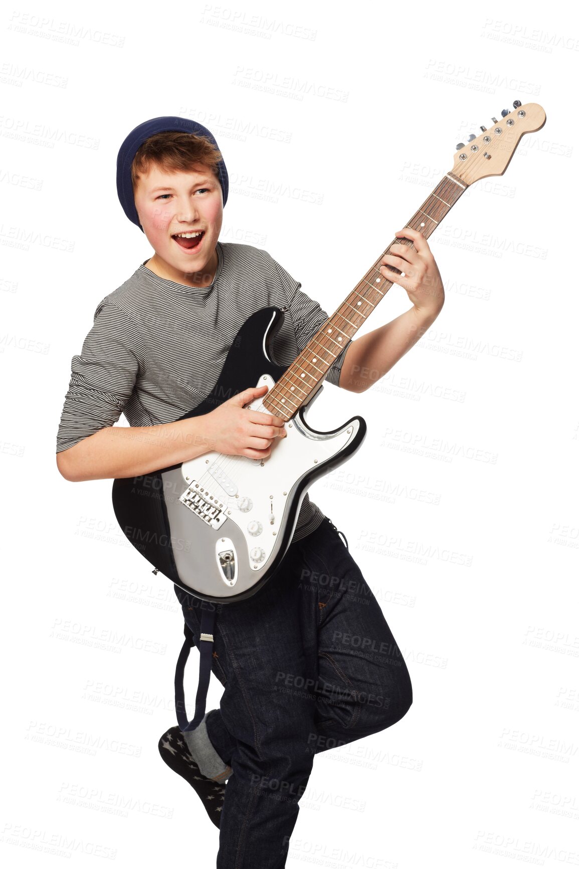 Buy stock photo Music, guitar and boy teenager with energy on isolated, transparent and png background. Musical, passion and teenage male punk playing electric instrument, metal or rock, aesthetic and creative hobby