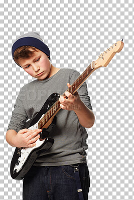 Buy stock photo Electric guitar, music and young boy learning to play instrument for creative audio performance. Teen rock and roll, youth talent and kid musician artist isolated on a transparent, png background