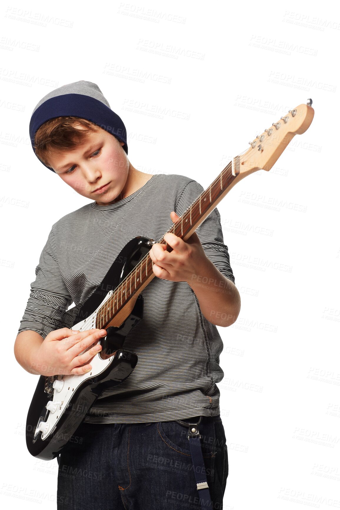 Buy stock photo Electric guitar, music and young boy learning to play instrument for creative audio performance. Teen rock and roll, youth talent and kid musician artist isolated on a transparent, png background