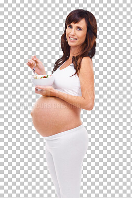 Buy stock photo Portrait, food and maternal with a pregnant woman isolated on a transparent background for health or diet. Mama, nutrition and pregnancy with a young mother holding a bowl of healthy salad on PNG