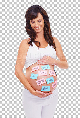 Buy stock photo Smile, choice and names on sticky notes with a pregnant woman isolated on transparent background for planning. Mama, happy or pregnancy and a young mother with options on her stomach or belly on PNG