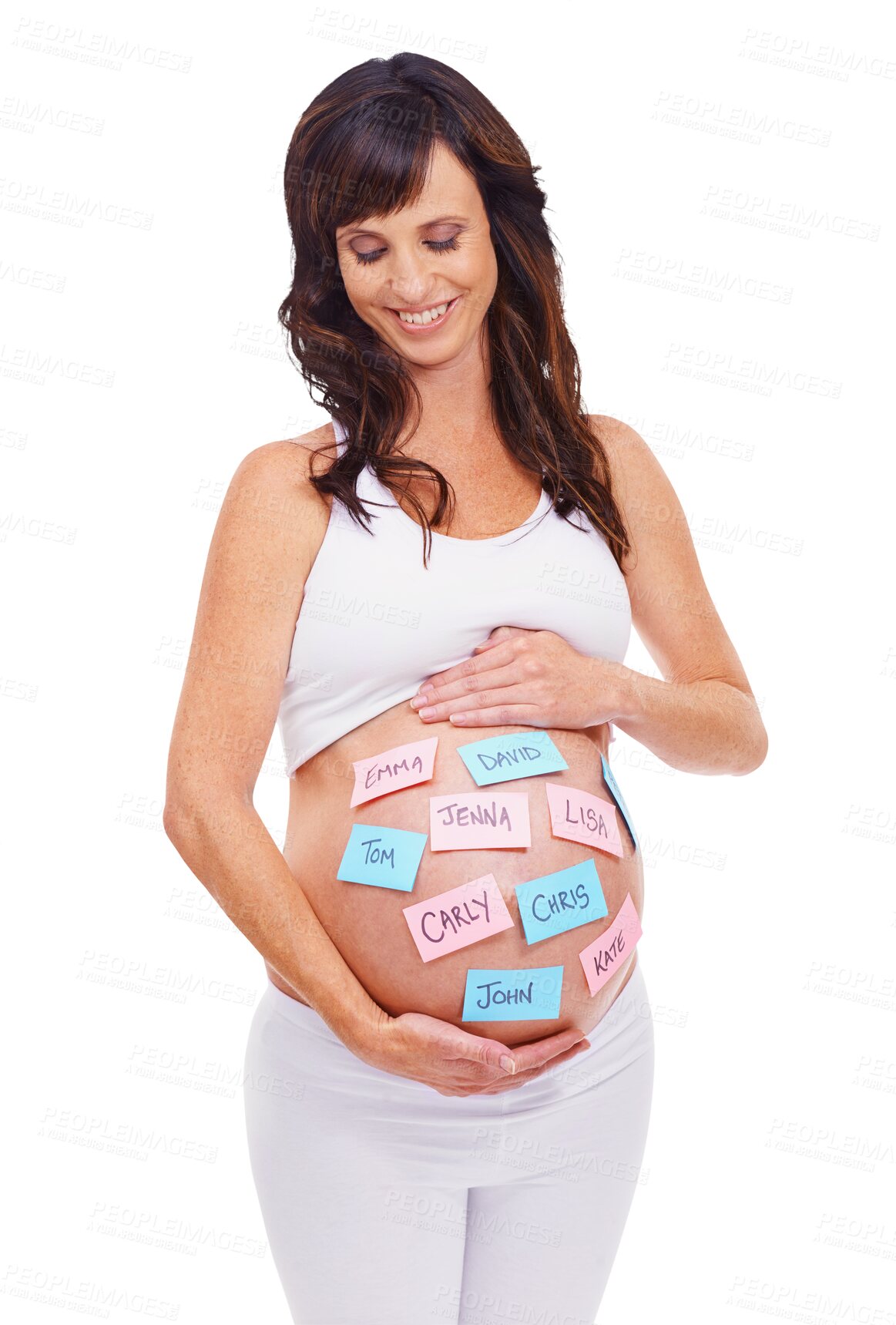 Buy stock photo Smile, choice and names on sticky notes with a pregnant woman isolated on transparent background for planning. Mama, happy or pregnancy and a young mother with options on her stomach or belly on PNG