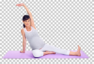 Buy stock photo Stretching, yoga and portrait of a pregnant woman for fitness isolated on a transparent png background. Smile, health and a mother training with pilates, morning stretch or exercise during pregnancy