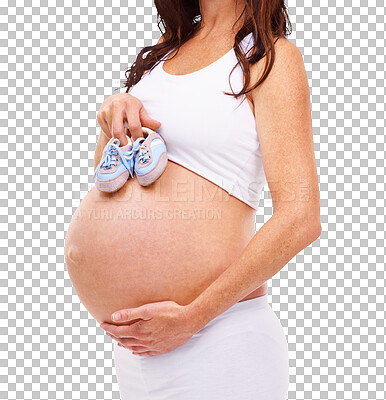 Buy stock photo Baby, shoes and a pregnant woman showing stomach isolated on a transparent png background. Mother, maternity and a person holding belly with children sneakers for pregnancy reveal and prenatal life