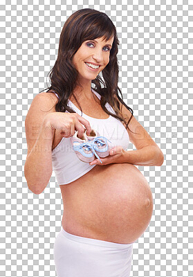 Buy stock photo Portrait, happy and shoes with a pregnant woman isolated on a transparent background for baby fashion. Mama, smile and pregnancy with a young mother holding footwear for a newborn infant on PNG