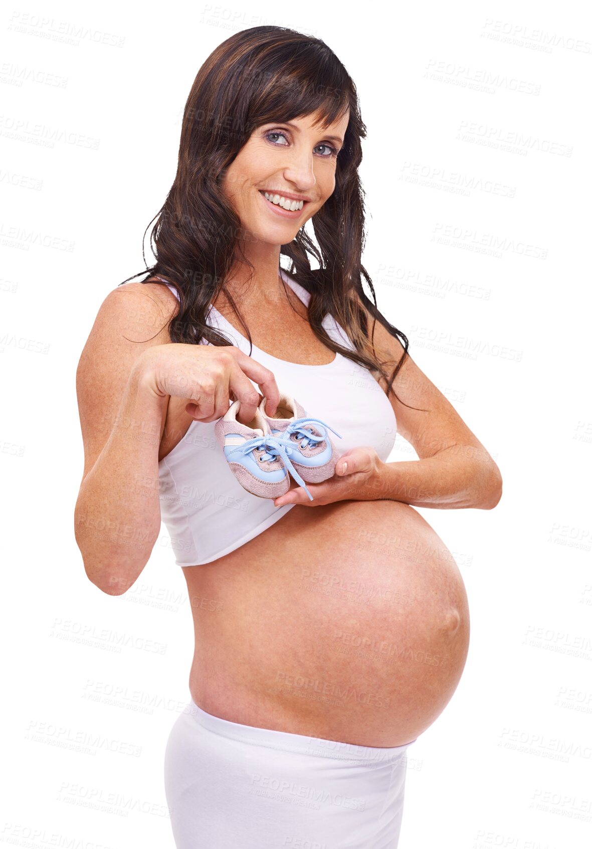 Buy stock photo Portrait, happy and shoes with a pregnant woman isolated on a transparent background for baby fashion. Mama, smile and pregnancy with a young mother holding footwear for a newborn infant on PNG