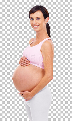 Buy stock photo Portrait, smile and stomach with a pregnant woman isolated on a transparent background for motherhood. Mama, happy and pregnancy with a maternal young mother holding her abdomen or belly on PNG