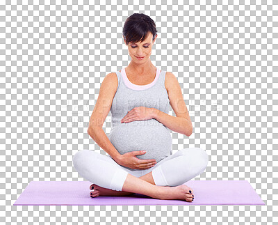 Buy stock photo Yoga, woman and exercise for a healthy pregnancy isolated on transparent, png background. Happy pregnant person on a mat with hands on stomach for a workout, fitness or health and wellness or zen