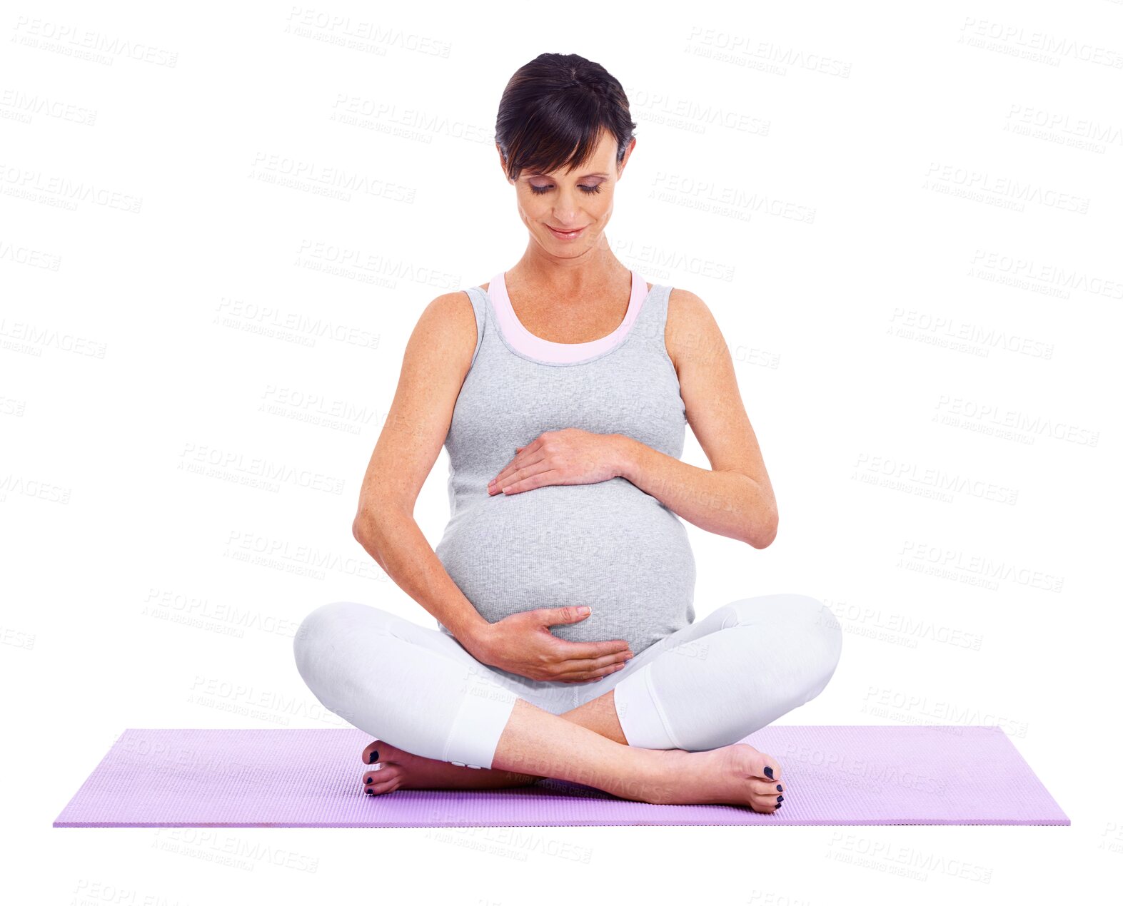 Buy stock photo Yoga, woman and exercise for a healthy pregnancy isolated on transparent, png background. Happy pregnant person on a mat with hands on stomach for a workout, fitness or health and wellness or zen