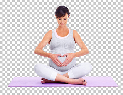 Buy stock photo Pregnant woman, yoga and a heart shape on stomach isolated on transparent, png background. Female model person on a mat to exercise for a healthy pregnancy, fitness or health and wellness with love