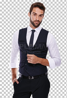 Buy stock photo Portrait, fashion and a handsome gentleman in formal clothes isolated on a transparent background for style. Model, confident and classy with a young male model posing in smart clothing on PNG