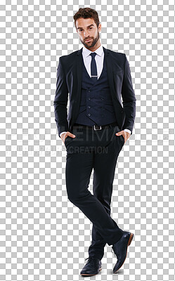 Buy stock photo Portrait, fashion and a handsome gentleman in formal clothing isolated on a transparent background for style. Suit, confident and classy with a young male model posing in stylish clothes on PNG