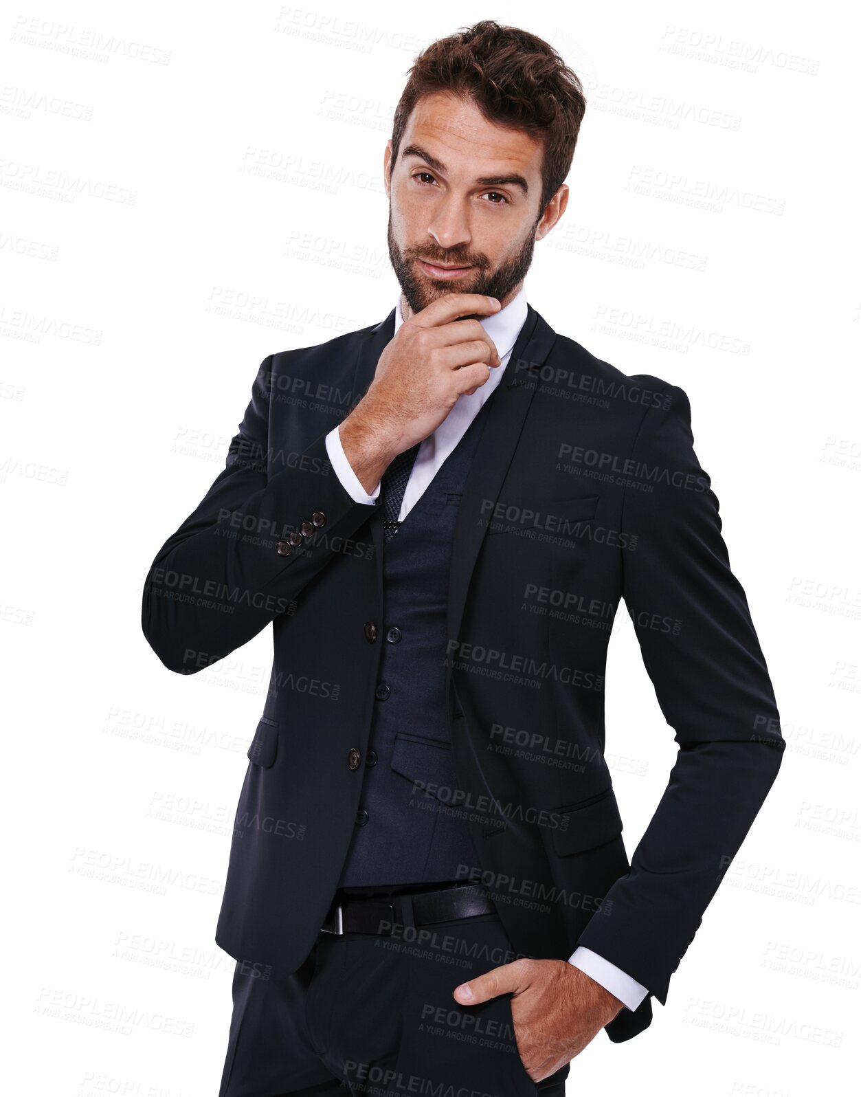 Buy stock photo Portrait, fashion and a confident gentleman in a suit or formal clothes isolated on a transparent background for style. Suave, handsome and classy with a male model posing in smart clothing on PNG