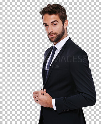 Buy stock photo Portrait, fashion and a suave gentleman in formal clothes isolated on a transparent background for style. Handsome, confident and classy with a young male model posing in smart clothing on PNG