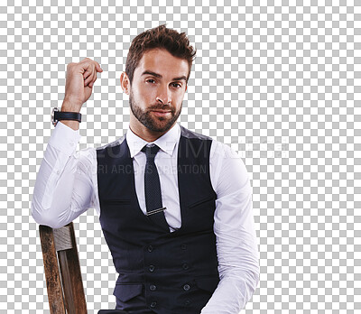 Buy stock photo Portrait, classy and a handsome gentleman in formal clothes isolated on a transparent background for style. Chair, confident and fashion with a young male model posing in smart clothing on PNG