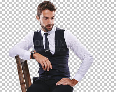 Buy stock photo Fashion, handsome and gentleman thinking on a chair with formal, stylish and elegant outfit. Dreaming, attractive and male model with classy, trendy suit style isolated by transparent png background.