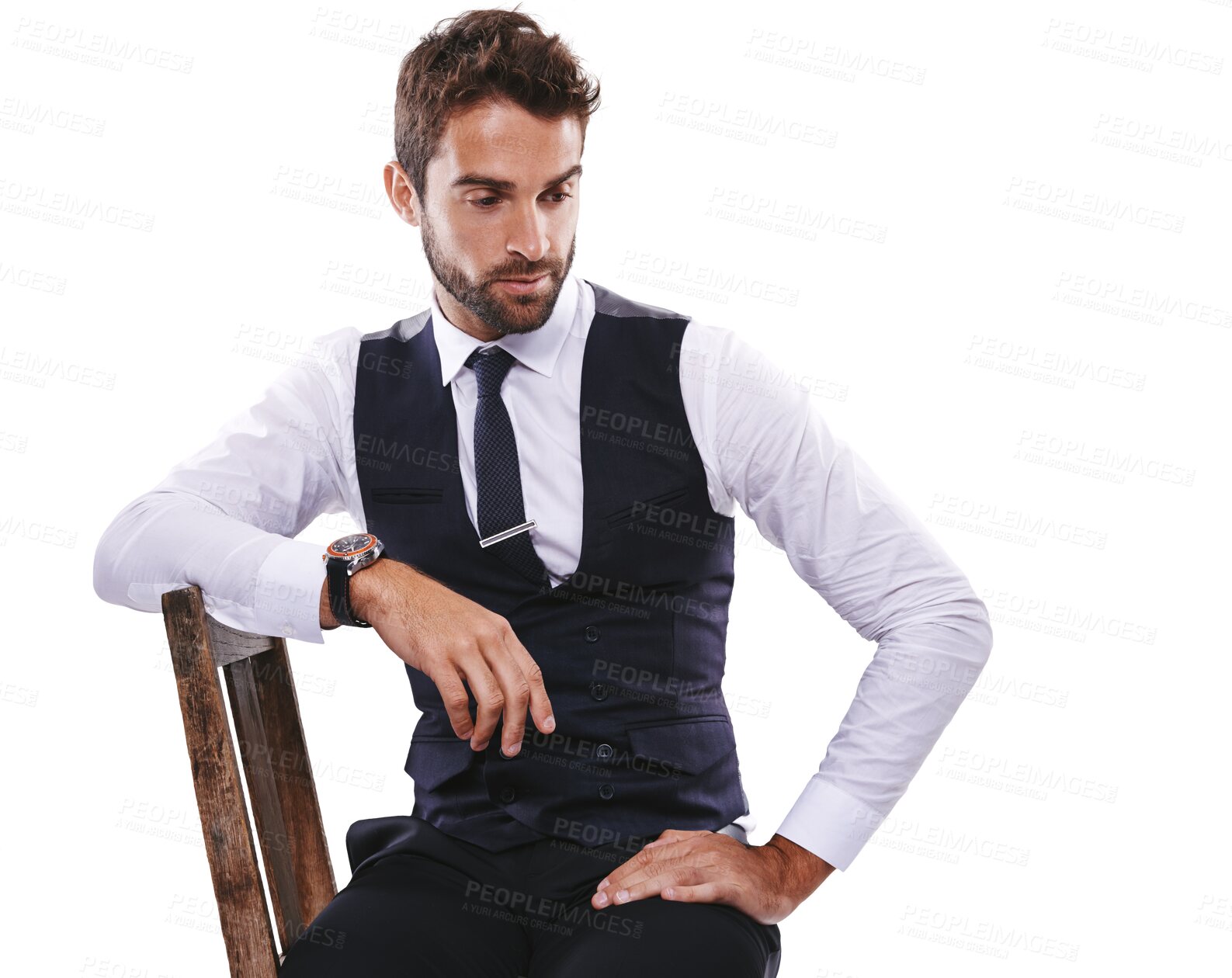 Buy stock photo Fashion, handsome and gentleman thinking on a chair with formal, stylish and elegant outfit. Dreaming, attractive and male model with classy, trendy suit style isolated by transparent png background.