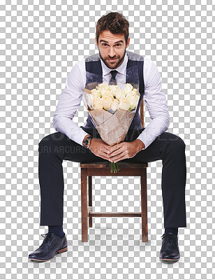 Buy stock photo Portrait, bouquet and flowers with man on a chair in formal clothes, suit and isolated on transparent background on valentines day. Date, groom and classy male person holding gift of roses on PNG