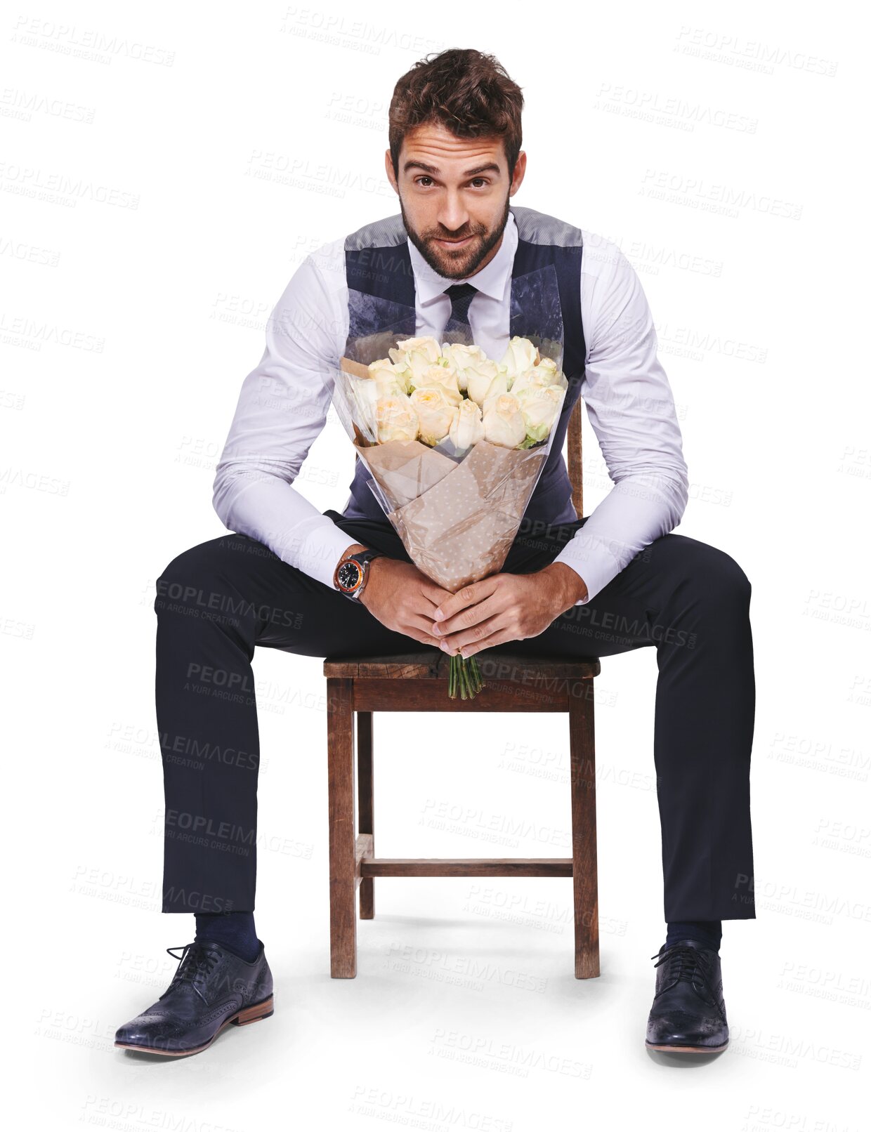 Buy stock photo Portrait, bouquet and flowers with man on a chair in formal clothes, suit and isolated on transparent background on valentines day. Date, groom and classy male person holding gift of roses on PNG