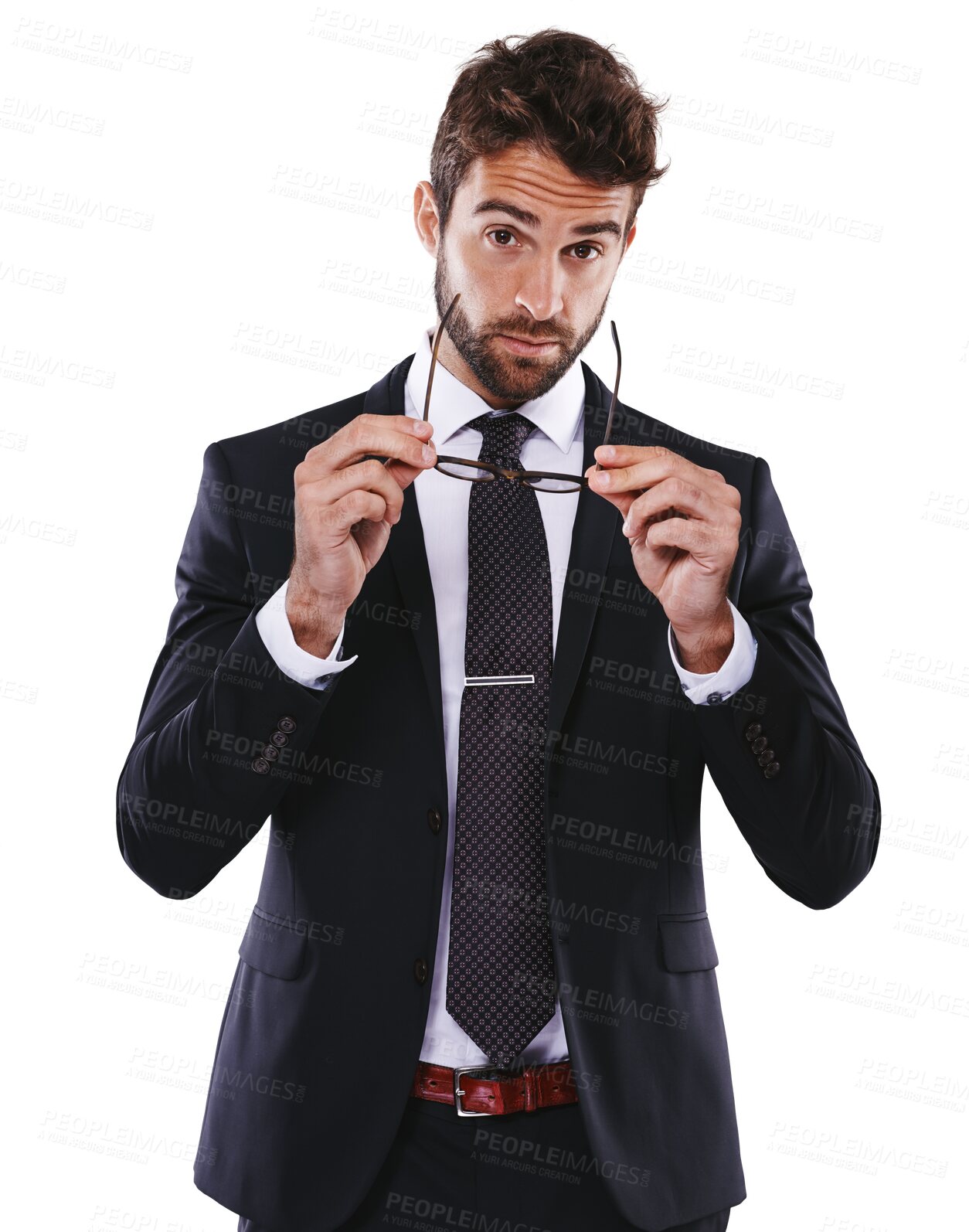 Buy stock photo Portrait, fashion glasses and business man isolated on a transparent png background. Face, corporate and serious male model from Australia in stylish, trendy and classy outfit, suit or cool clothes
