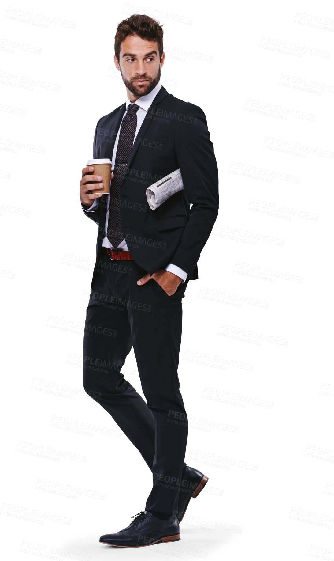 Buy stock photo Thinking, coffee and newspaper with a business man walking isolated on transparent background. Idea, fashion and focus with a handsome male corporate employee in formal or professional clothes on PNG